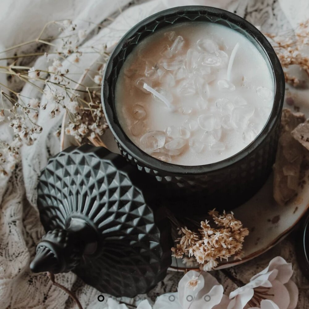 Decorative Candle in Matte Black Geo Cut Jar with Clear Quartz crystals and lid.